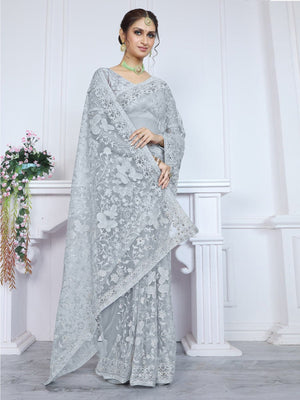 Rajwada Grey Embroidered Net Saree With unstitched Blouse For Women