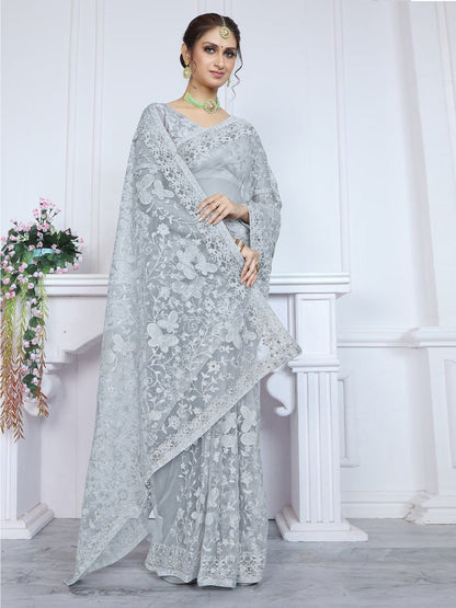 Rajwada Grey Embroidered Net Saree With unstitched Blouse For Women