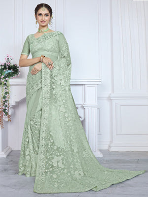 Rajwada Sea Green Embroidered Net Saree With unstitched Blouse For Women