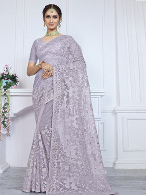 Rajwada Lavender Embroidered Net Saree With unstitched Blouse For Women