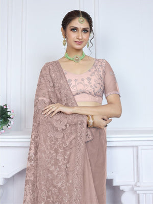 Rajwada Mauve Embroidered Net Saree With Unstitched Blouse For Women