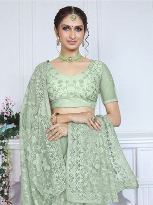 Rajwada Sea Green Embroidered Net Saree With unstitched Blouse For Women