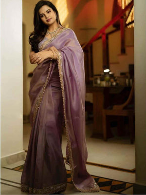 Rajwada Purple Embroidered Tissue Silk Saree With unstitched Blouse For Women