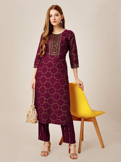 Rajwada Purple Embroidered Rayon Stitched Kurta Set For Women