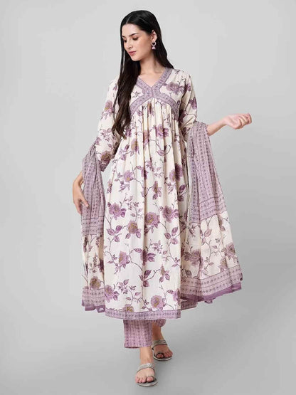 Rajwada Lavender Printed Cotton Stitched Kurta Set For Women