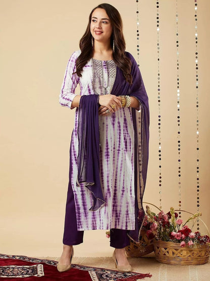 Rajwada Purple Printed Viscose Stitched Kurta Set For Women
