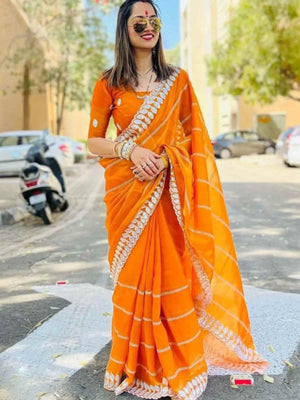Rajwada Orange Embroidered Silk Blend Saree With Unstitched Blouse For Women