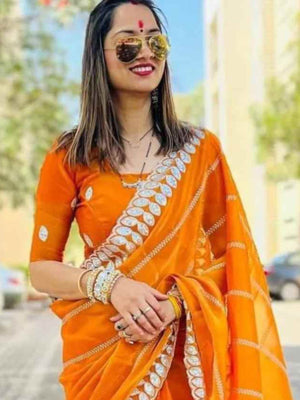 Rajwada Orange Embroidered Silk Blend Saree With Unstitched Blouse For Women