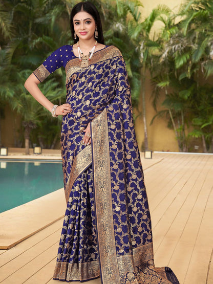 Rajwada Navy Blue Woven Banarasi Silk Saree With unstitched Blouse For Women