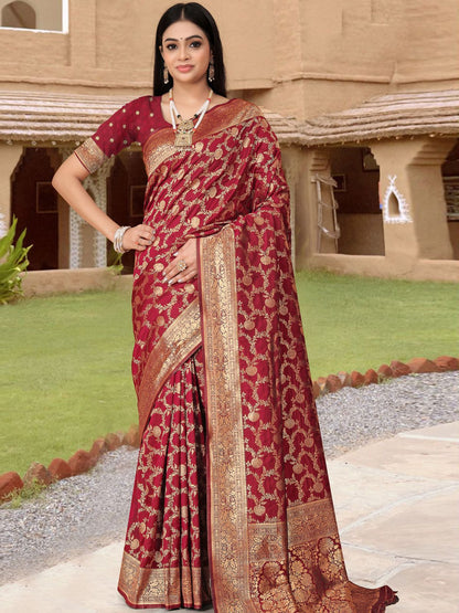 Rajwada Maroon Woven Banarasi Silk Saree With unstitched Blouse For Women