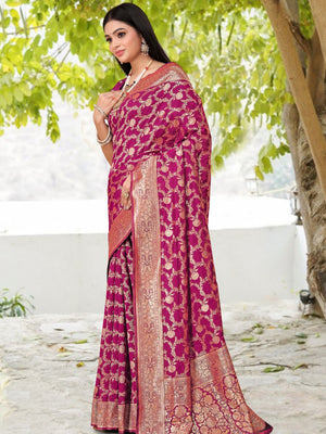 Rajwada Purple Woven Banarasi Silk Saree With Unstitched Blouse For Women