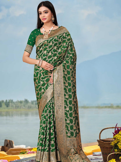 Rajwada Green Woven Banarasi Silk Saree With unstitched Blouse For Women