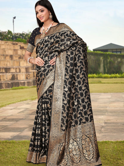 Rajwada Black Woven Banarasi Silk Saree With Unstitched Blouse For Women