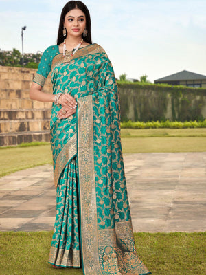 Rajwada Teal Woven Banarasi Silk Saree With Unstitched Blouse For Women