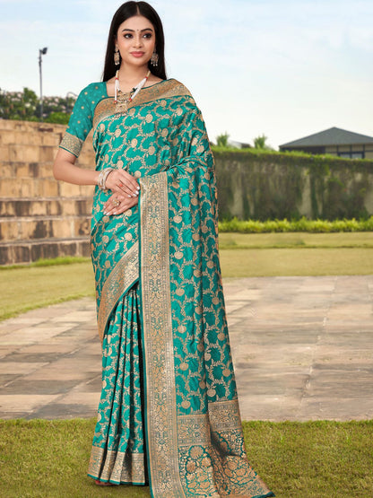 Rajwada Teal Woven Banarasi Silk Saree With Unstitched Blouse For Women
