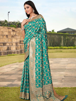 Rajwada Teal Woven Banarasi Silk Saree With Unstitched Blouse For Women