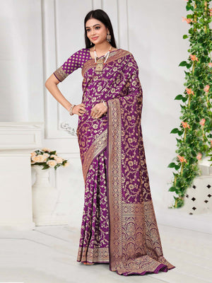Rajwada Purple Woven Banarasi Silk Saree With Unstitched Blouse For Women