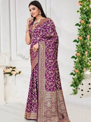 Rajwada Purple Woven Banarasi Silk Saree With Unstitched Blouse For Women