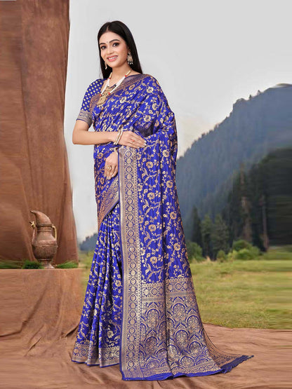 Rajwada Blue Woven Banarasi Silk Saree With Unstitched Blouse For Women