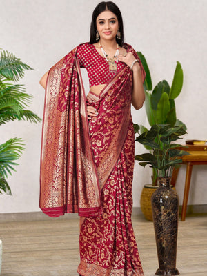 Rajwada Red Woven Banarasi Silk Saree With Unstitched Blouse For Women