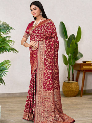 Rajwada Red Woven Banarasi Silk Saree With Unstitched Blouse For Women