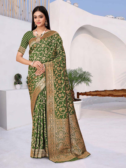 Rajwada Green Woven Banarasi Silk Saree With unstitched Blouse For Women