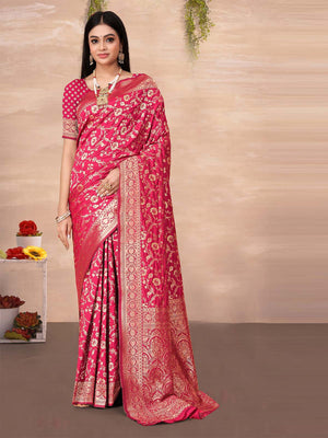 Rajwada Pink Woven Banarasi Silk Saree With unstitched Blouse For Women