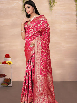 Rajwada Pink Woven Banarasi Silk Saree With unstitched Blouse For Women