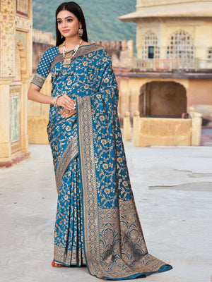 Rajwada Teal Woven Banarasi Silk Saree With unstitched Blouse For Women