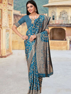 Rajwada Teal Woven Banarasi Silk Saree With unstitched Blouse For Women