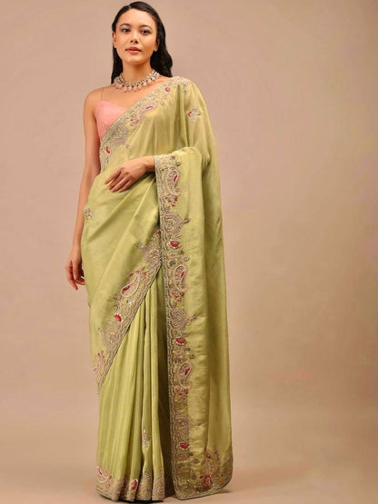 Rajwada Light Green Embroidered Chinnon Silk Saree With unstitched Blouse For Women