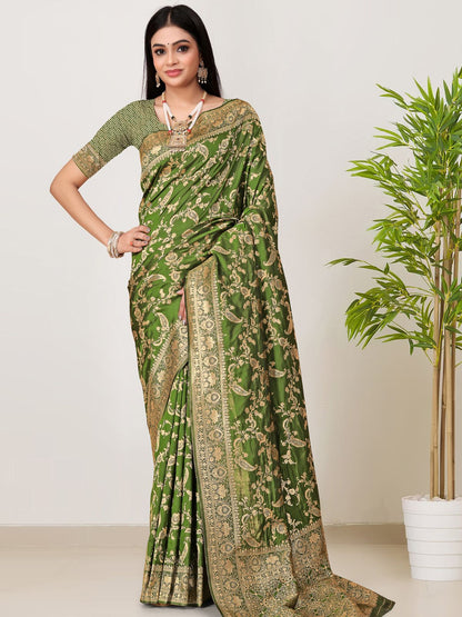 Rajwada Green Woven Banarasi Silk Saree With Unstitched Blouse For Women