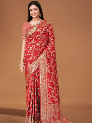 Rajwada Red Woven Banarasi Silk Saree With Unstitched Blouse For Women