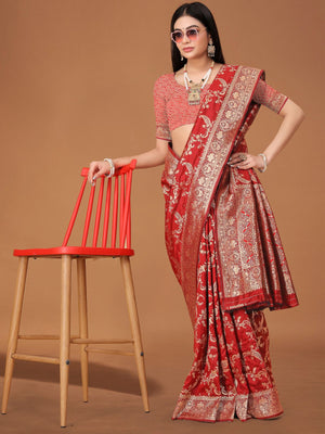 Rajwada Red Woven Banarasi Silk Saree With Unstitched Blouse For Women