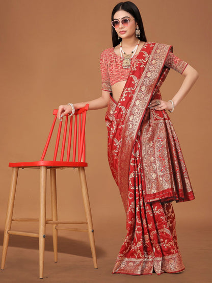 Rajwada Red Woven Banarasi Silk Saree With Unstitched Blouse For Women