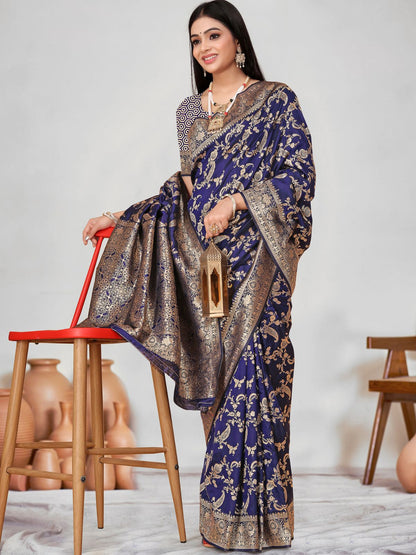 Rajwada Blue Woven Banarasi Silk Saree With Unstitched Blouse For Women