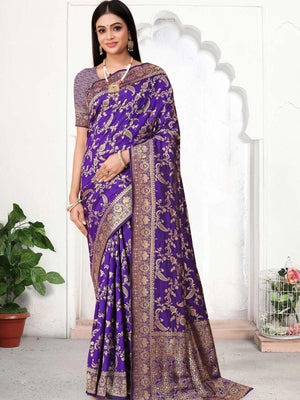 Rajwada Purple Woven Banarasi Silk Saree With Unstitched Blouse For Women