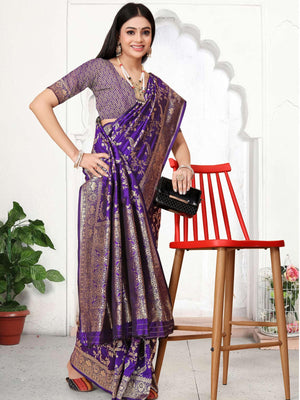 Rajwada Purple Woven Banarasi Silk Saree With Unstitched Blouse For Women