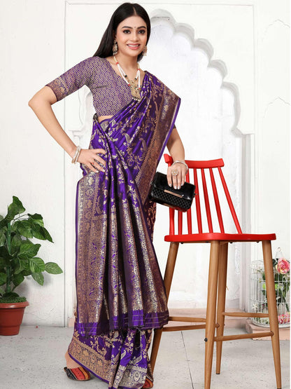 Rajwada Purple Woven Banarasi Silk Saree With Unstitched Blouse For Women