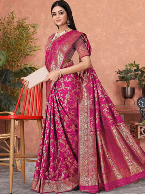 Rajwada Pink Woven Banarasi Silk Saree With Unstitched Blouse For Women