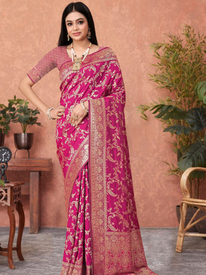 Rajwada Pink Woven Banarasi Silk Saree With Unstitched Blouse For Women