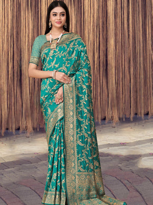 Rajwada Teal Woven Banarasi Silk Saree With unstitched Blouse For Women