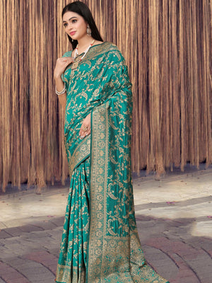 Rajwada Teal Woven Banarasi Silk Saree With unstitched Blouse For Women