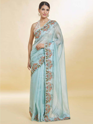 Rajwada Sky Blue Embroidered Organza Saree With Unstitched Blouse For Women