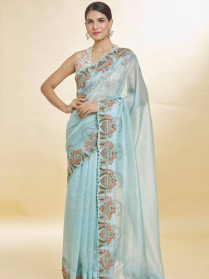 Rajwada Sky Blue Embroidered Organza Saree With Unstitched Blouse For Women