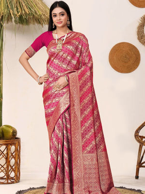 Rajwada Pink Woven Banarasi Silk Saree With Unstitched Blouse For Women