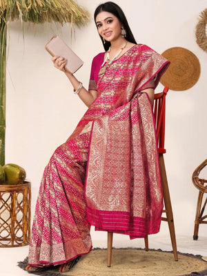Rajwada Pink Woven Banarasi Silk Saree With Unstitched Blouse For Women