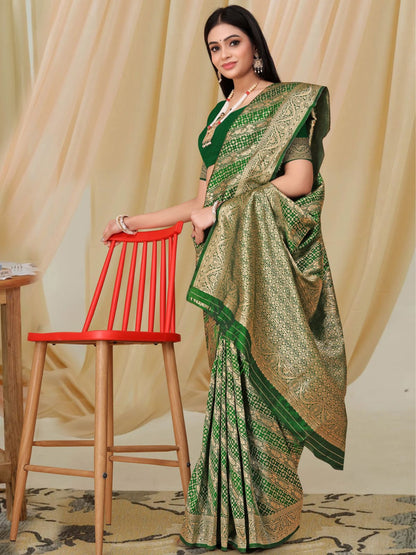 Rajwada Green Woven Banarasi Silk Saree With Unstitched Blouse For Women