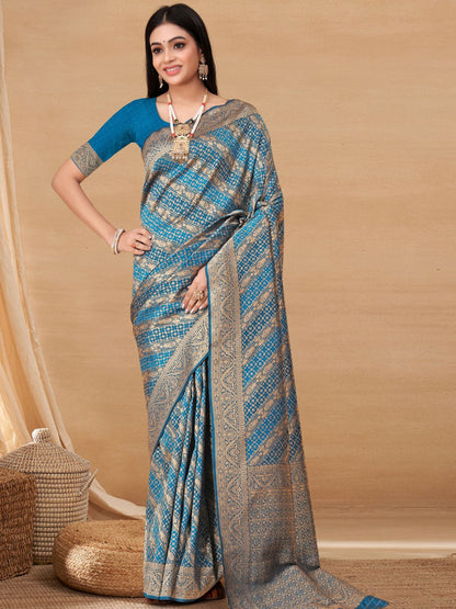 Rajwada Blue Woven Banarasi Silk Saree With unstitched Blouse For Women