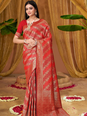 Rajwada Red Woven Banarasi Silk Saree With unstitched Blouse For Women